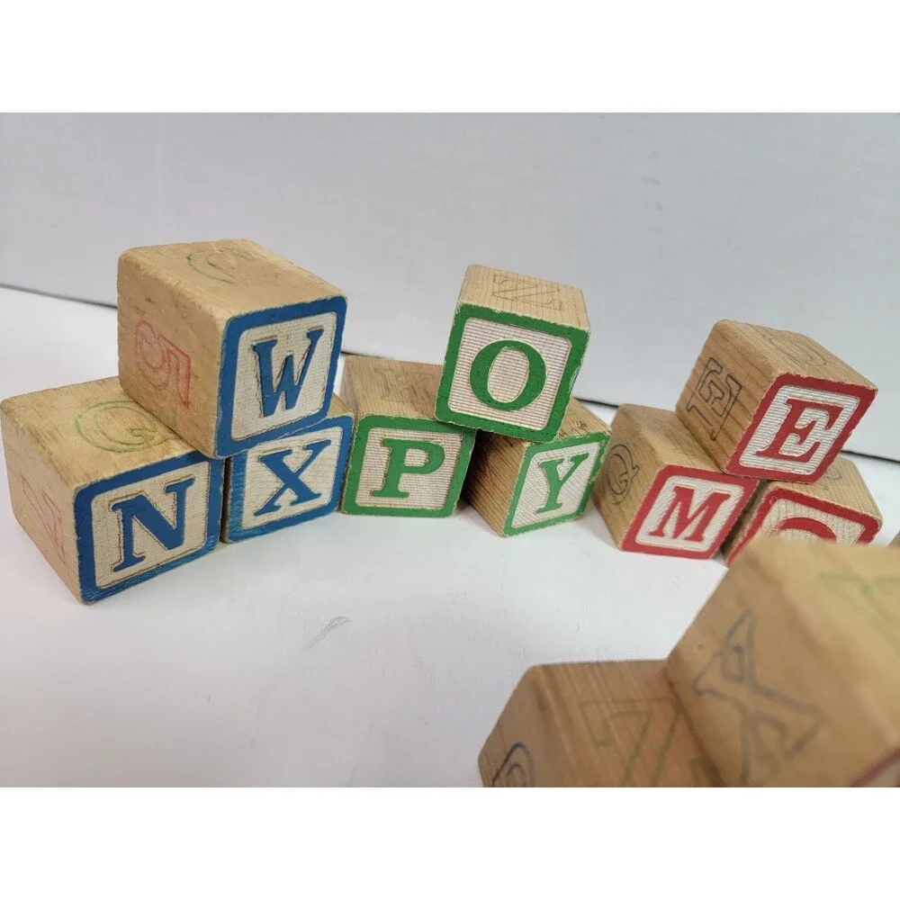 Wooden Alphabet ABC Blocks Vintage Style Colored Letter Learning Toy Lot